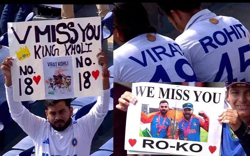 Fans holding Kohli-Rohit posters [Source: @CricCrazyJohns/X.com (Screengrab)]
