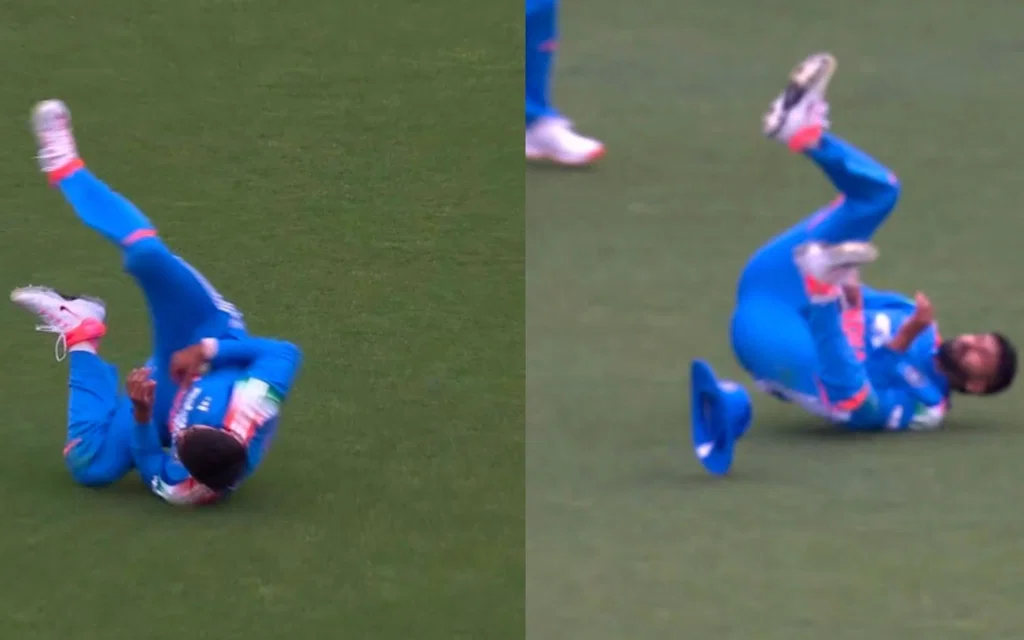 Shreyas Iyer's stunning grab resulted in an injury [Source: @Shebas_10dulkar/X]