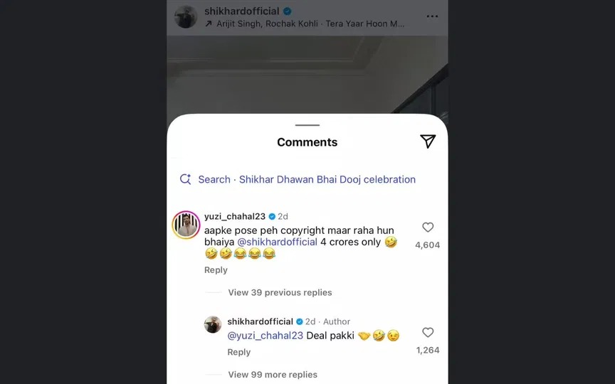 Yuzvendra Chahal's comment on Shikhar Dhawan's post [Source: Screengrab]