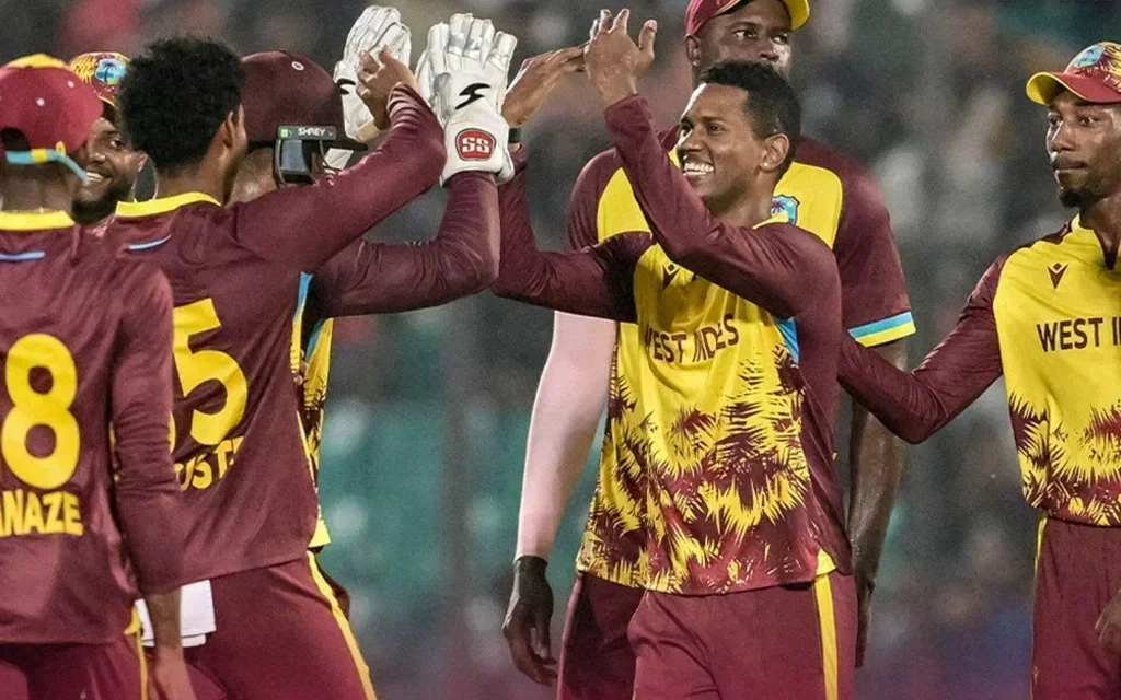 West Indies players celebrating a wicket [Source: @windiescricket/x]