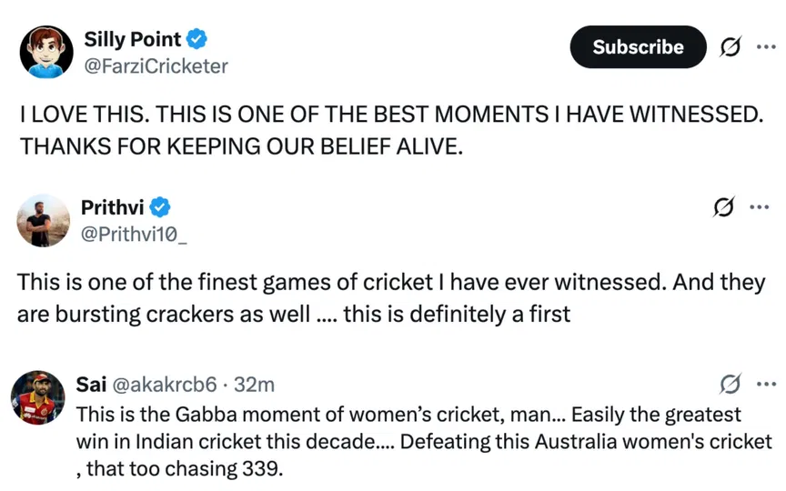 Fan tweets [Source: @FarziCricketer, @Prithvi10_, @akakrcb6/X.com]
