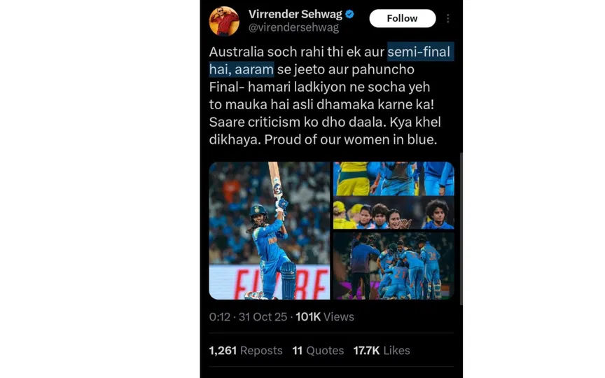 Virender Sehwag's wish (Source: @virendersehwag/x.com)