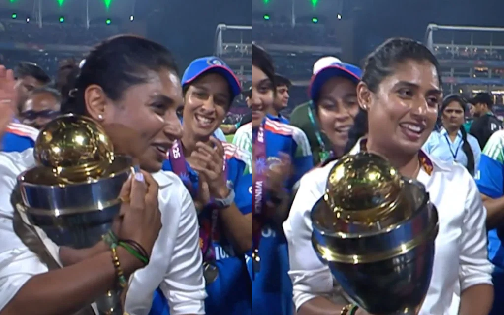 Mithali Raj with the World Cup trophy [Source: @CricCrazyJohns/X]