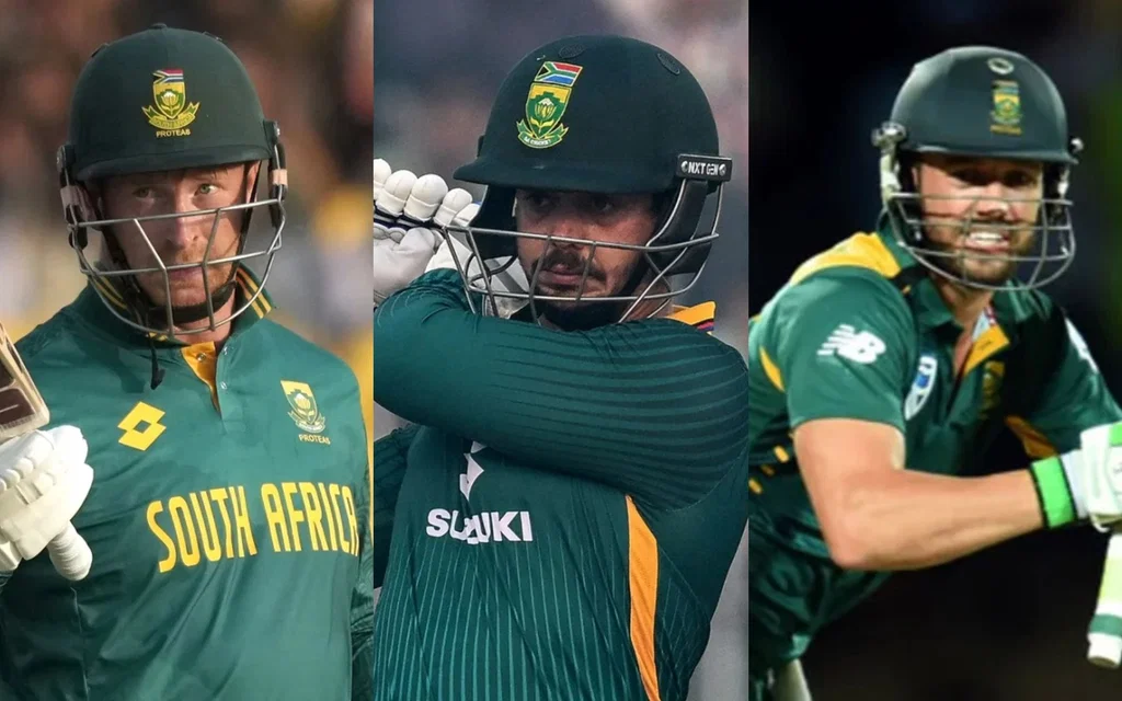 Heinrich Klaasen, Quinton de Kock and AB de Villiers [Source: @ashit_aman/X.com]