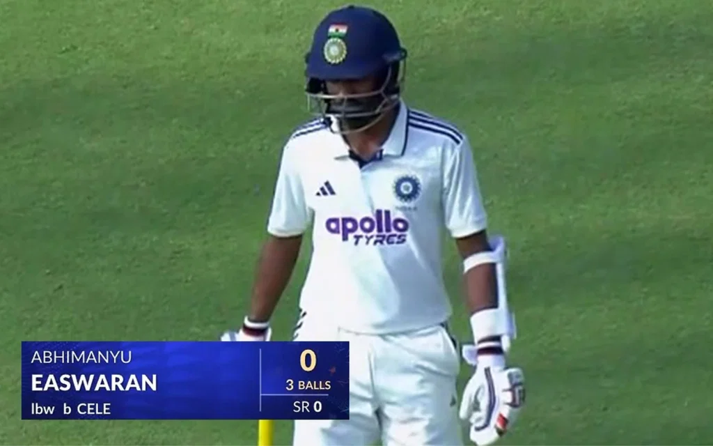 Abhimanyu Easwaran falls for a duck in IND A 2nd innings vs SA A [Source: @pratyush_no7/X.com]