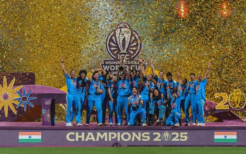 India Women with their maiden World Cup trophy (Source: @Himani_kk/x.com) 