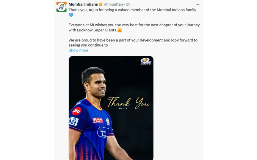 MI's post for Arjun Tendulkar [Source: Screengrab]