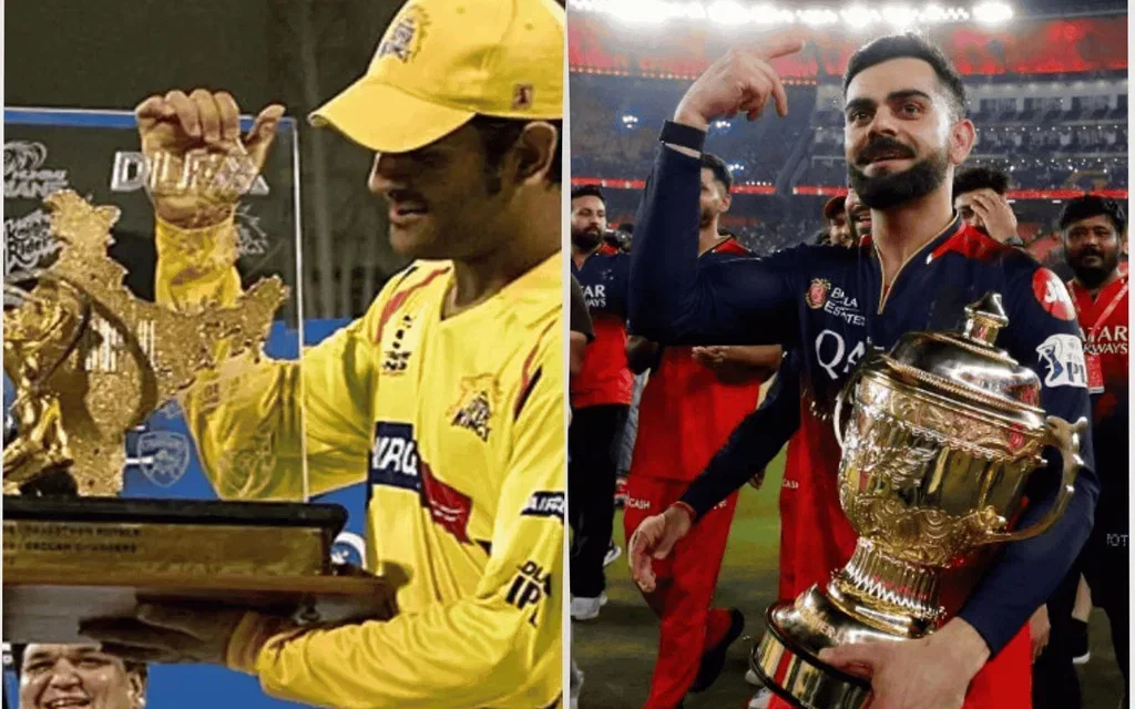 MS Dhoni and Virat Kohli with IPL trophy (source: @Sivy_Raina3, @mostlykohli/X)
