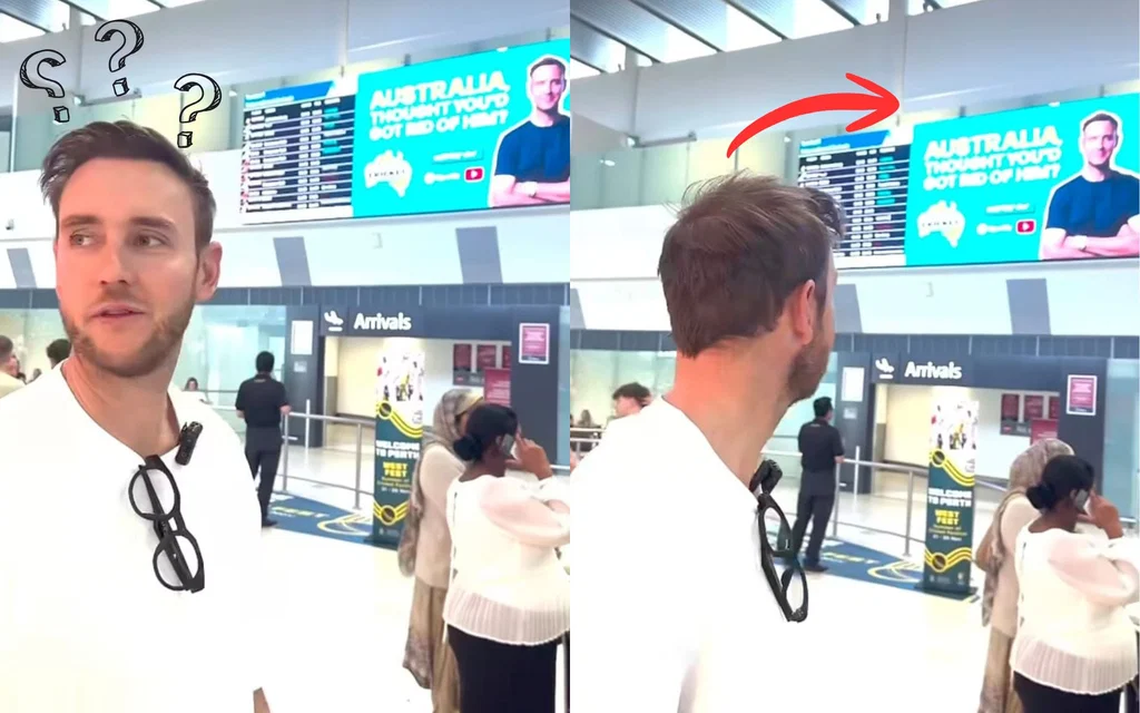 Stuart Broad in front of the billboard [Source: @loveofcricketpod/Instagram.com]