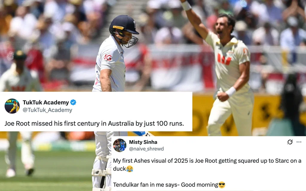 Joe Root trolled after duck in first Ashes Test [Source: @Crex_live, @TukTuk_Academy, @naive_shrewd/X.com]