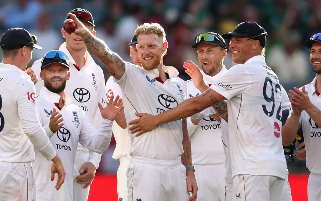Ben Stokes celebrating a wicket on Day 1 of Ashes 2025-26 [Source: @ICC/x]
