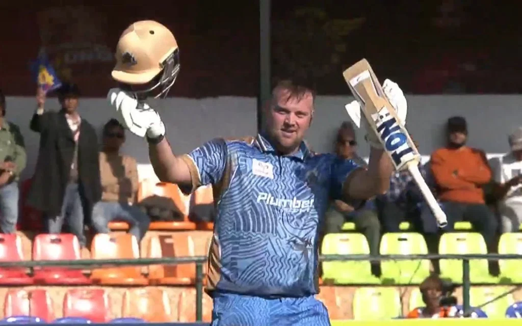 Mark Watt celebrating his century in NPL 2025 [Source: FanCode/screenshot]