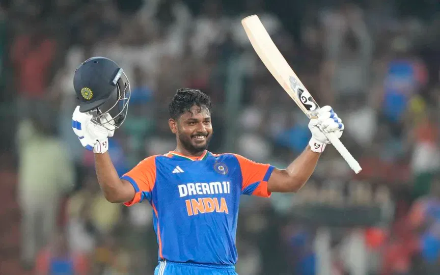 Sanju Samson celebrating his century (Source: @CricCrazyJohns/X)