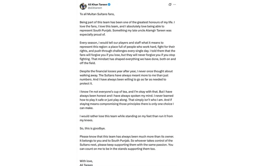 Ali Tareen's statement [Source: @aliktareen/X.com]