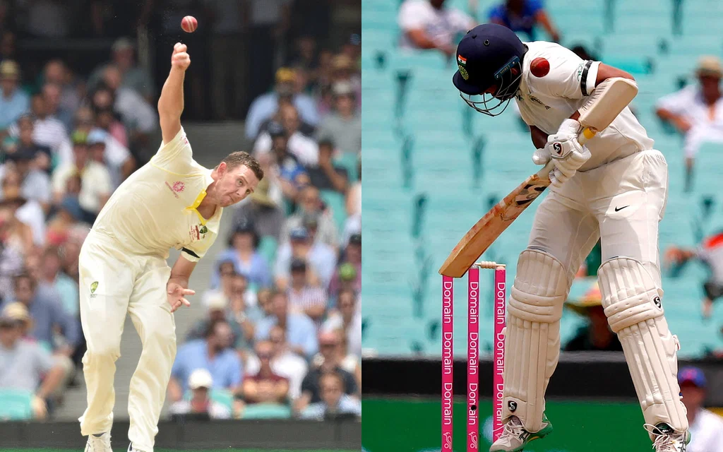 Josh Hazlewood (left) and Cheteshwar Pujara (right) - (Source: AFP) 