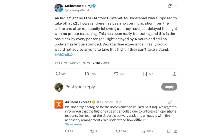 Mohammed Siraj's post and Air India's reply (Source: @mdsirajofficial/x.com)
