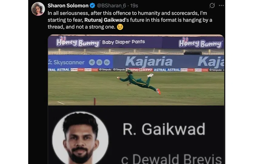 Tweets after Ruturaj Gaikwad's wicket (Source:@Sharon Solomon,x.com)