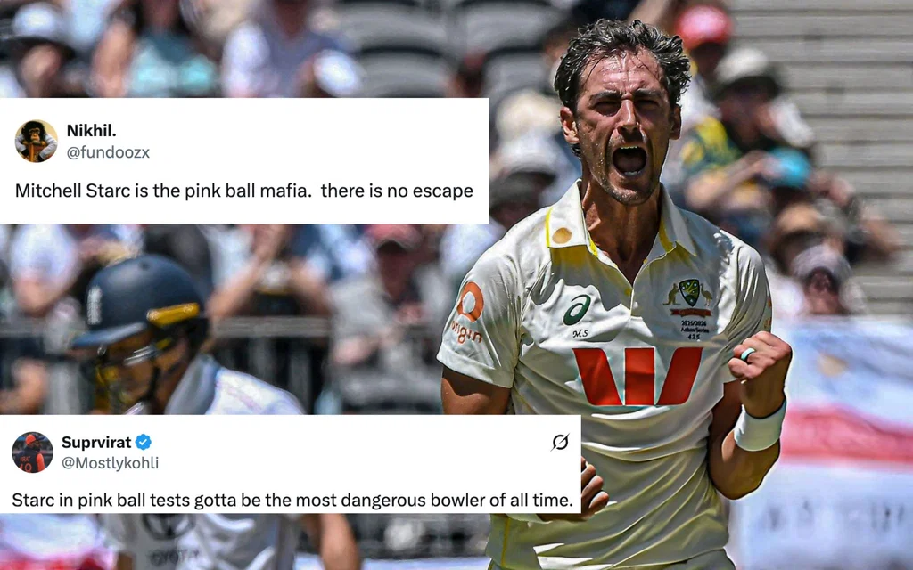 Mitchell Starc grabs fifer with pink ball [Source: @Akshatgoel1408/X.com]