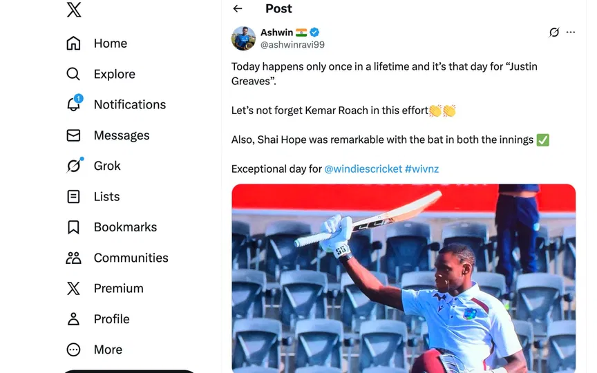 R Ashwin's X post for Justin Greaves (Source: X)