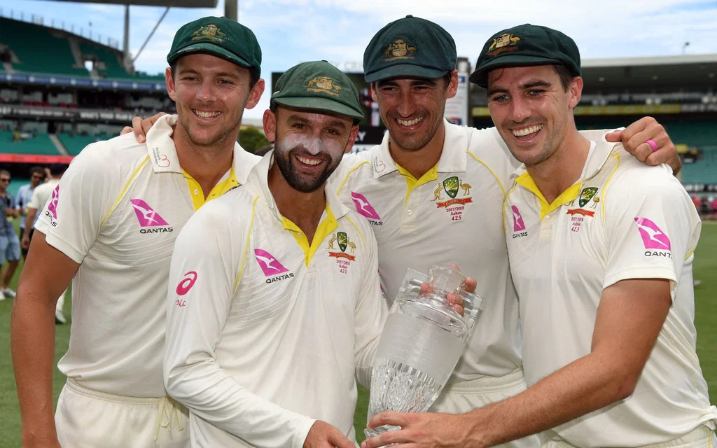 From L to R: Josh Hazlewood, Nathan Lyon, Mitchell Starc, and Pat Cummins (Source: AFP)