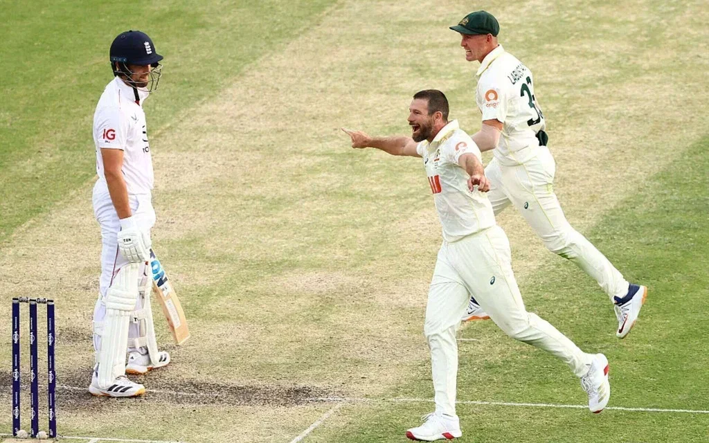 Michael Neser celebrating an English wicket on Day 4 [Source: @nazeerrayadurga/x]