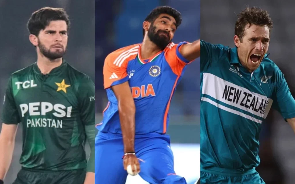 Shaheen Afridi, Jasprit Bumrah and Tim Southee [Source: @CricCrazyJohns/X.com]
