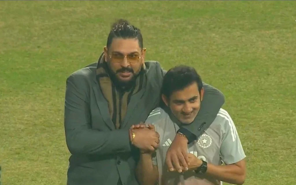 Yuvraj Singh and Gautam Gambhir meetup during 2nd T20I. [Source - @starsports/x]