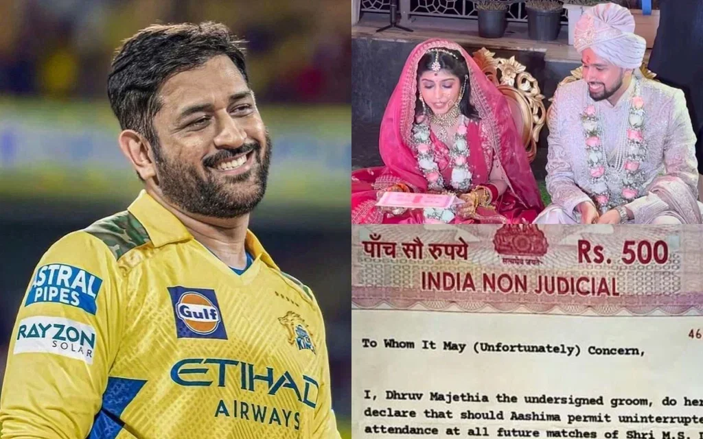 MS Dhoni and the wedding couple [Source: @ayush_m255/X]