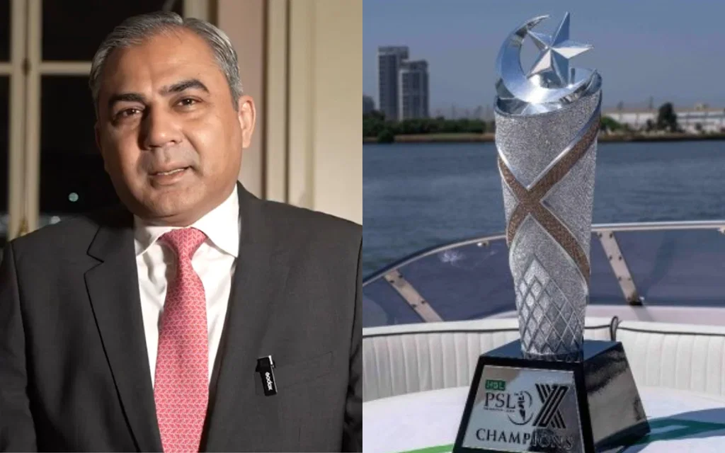 PCB chief Mohsin Naqvi and the PSL trophy [Source: @thePSLt20/X.com]