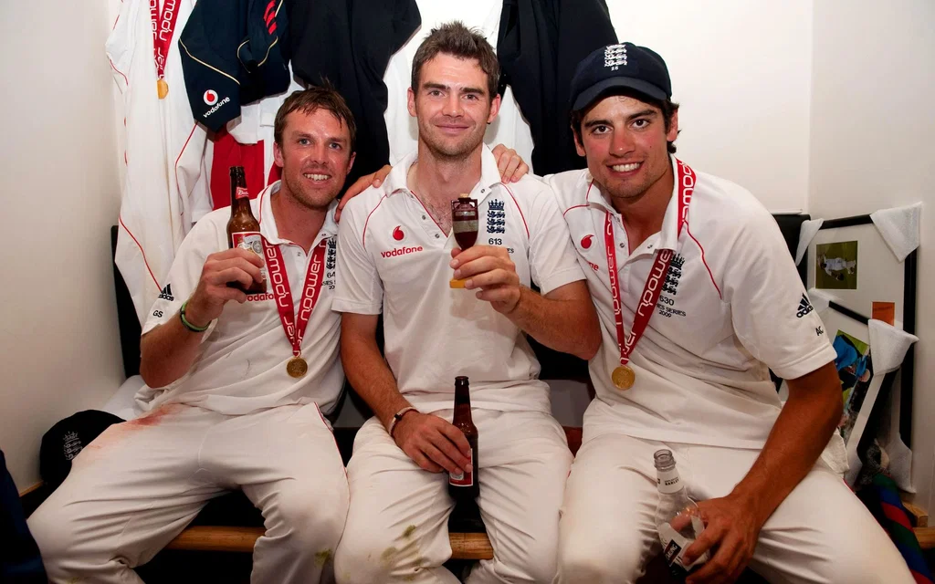 Anderson and Swann with Alastair Cook (Source: @englandcricket/x.com)