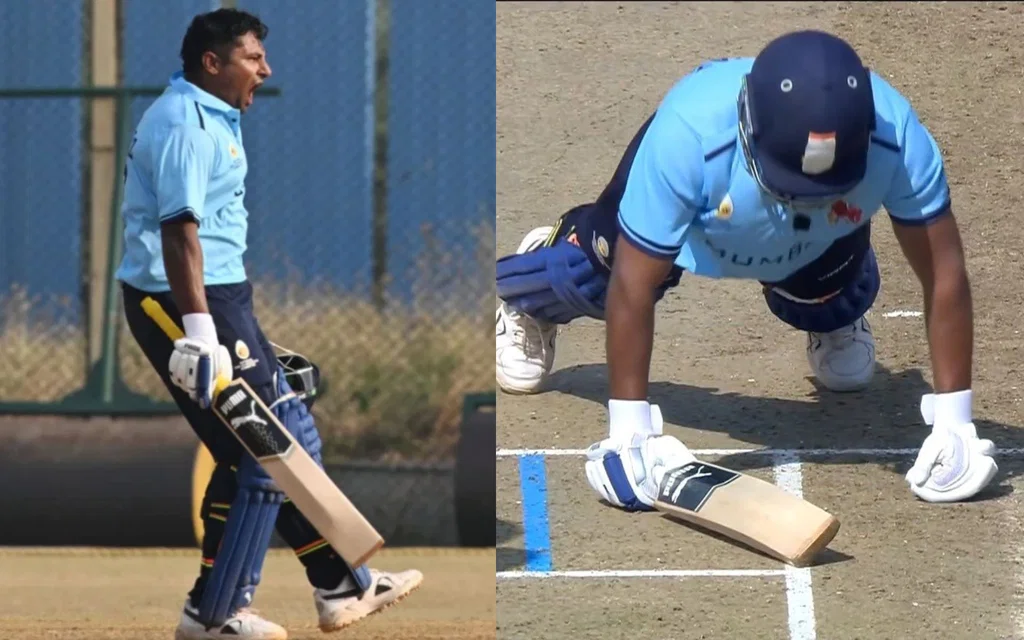 Sarfaraz Khan celebrating his half-century [Source: @sportstarweb, @mufaddal_vohra/x]