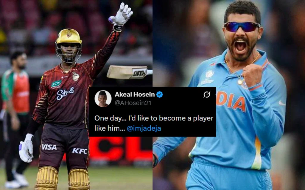 Akeal Hosein and Ravindra Jadeja [Source: @CricCrazyJohns, @AHosein21/x]