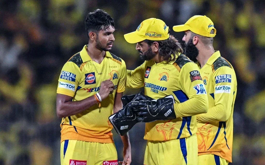 Matheesha Pathirana with CSK teammates [Source: AFP]