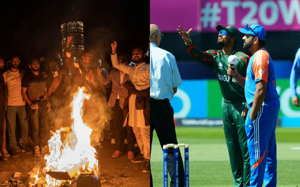 Chaos in Bangladesh (L), Rohit Sharma (R), and Najmul Hossain Shanto (C) (Source: AFP/BCB)