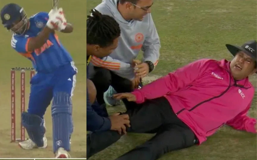 Sanju Samson's powerful shot brutally injures umpire as scary visuals unfold in Ahmedabad