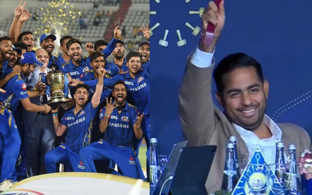 MI with title in IPL 2020 (L) and MI Owner Akash Ambani (R) (Source: X)