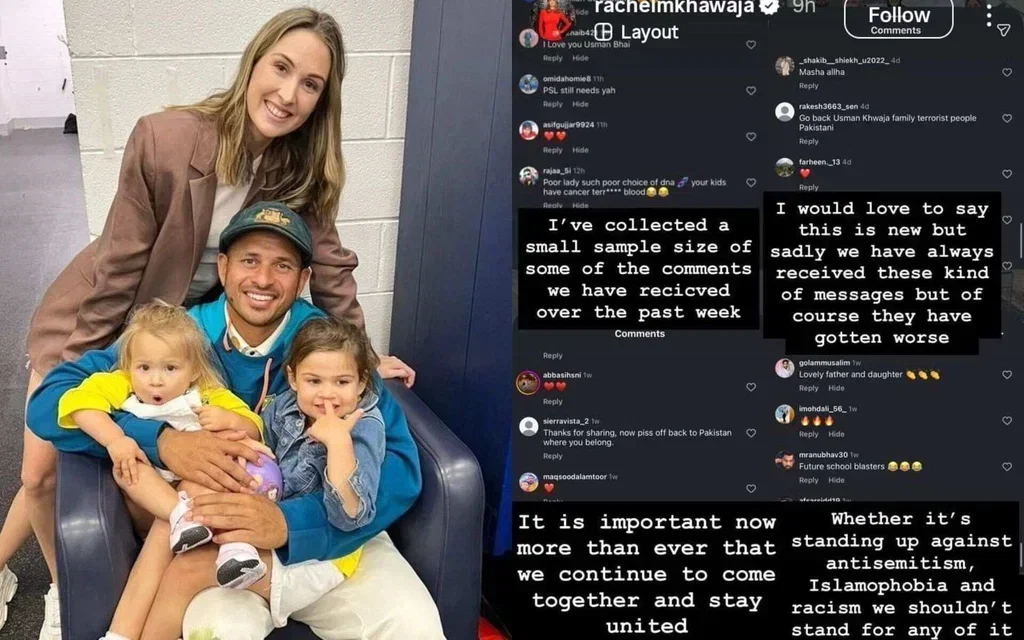 Khawaja's wife speaks up on abusive comments (Source: @shumaila56_/x.com, @rachelmkhawaja/instagram.com)