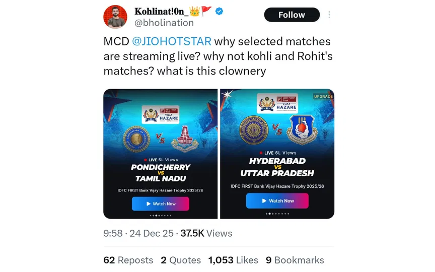 TR on BCCI not streaming Kohli's match. [Source - x.com]