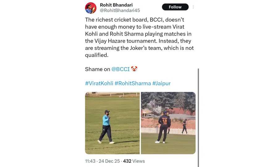 TR on BCCI not streaming Kohli's match. [Source - x.com]