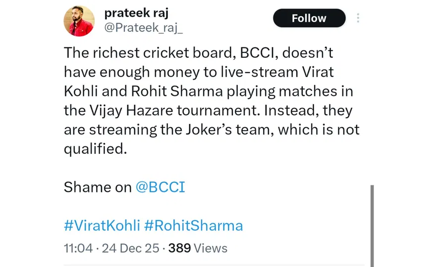TR on BCCI not streaming Kohli's match. [Source - x.com]