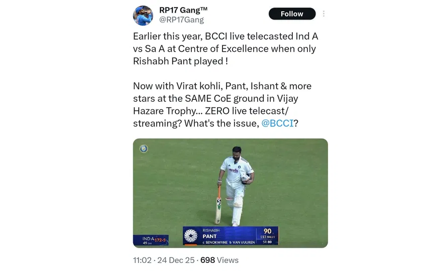 TR on BCCI not streaming Kohli's match. [Source - x.com]