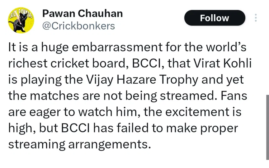 TR on BCCI not streaming Kohli's match. [Source - x.com]