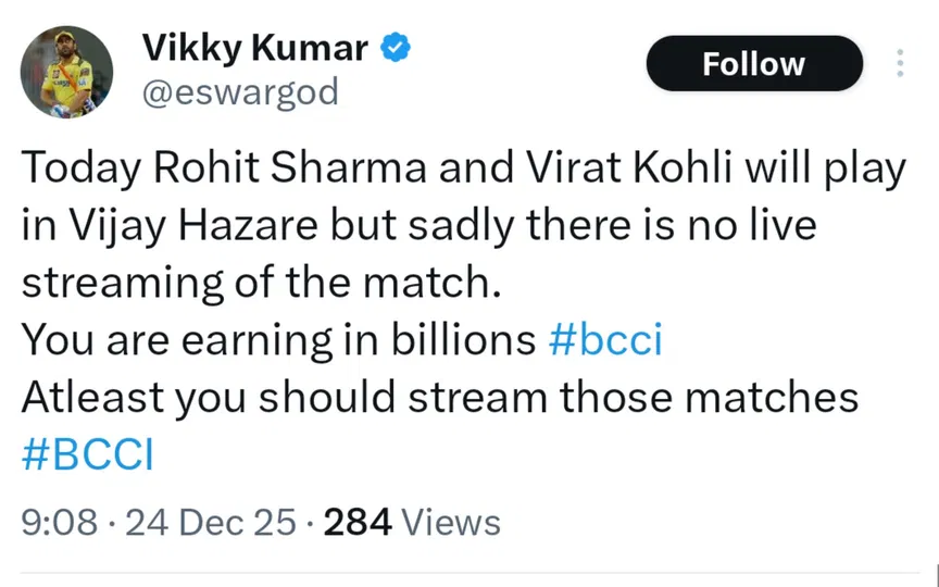 TR on BCCI not streaming Kohli's match. [Source - x.com]