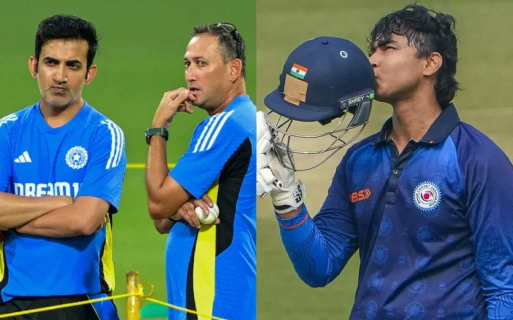 Gautam Gambhir, Ajit Agarkar and Vaibhav Suryavanshi [Source: @DanielCherny, @mufaddal_vohra/x.com]