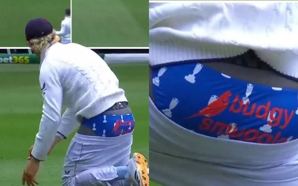 Jacob Bethell was spotted wearing an Ashes Trophy–themed base layer [Source: @ajangid346/X.com]