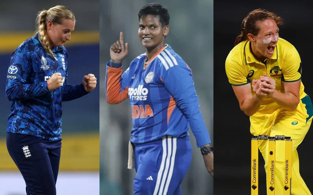 Deepti Sharma, Sophie Ecclestone and Megan Schutt [Source: @abhishEK_sawant/X]