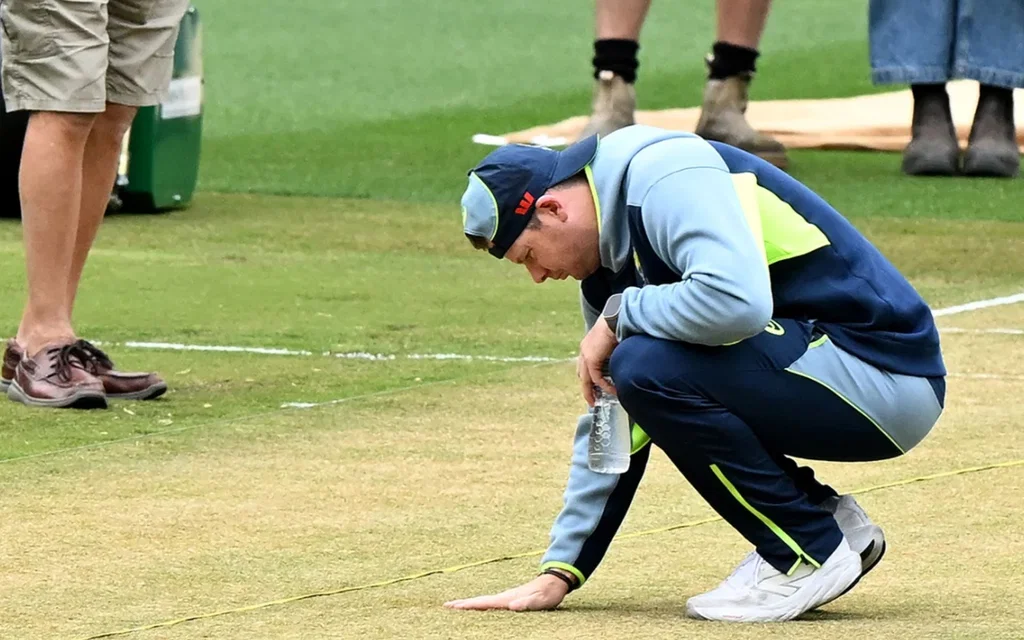 Steve Smith observing the pitch [Source: AFP]