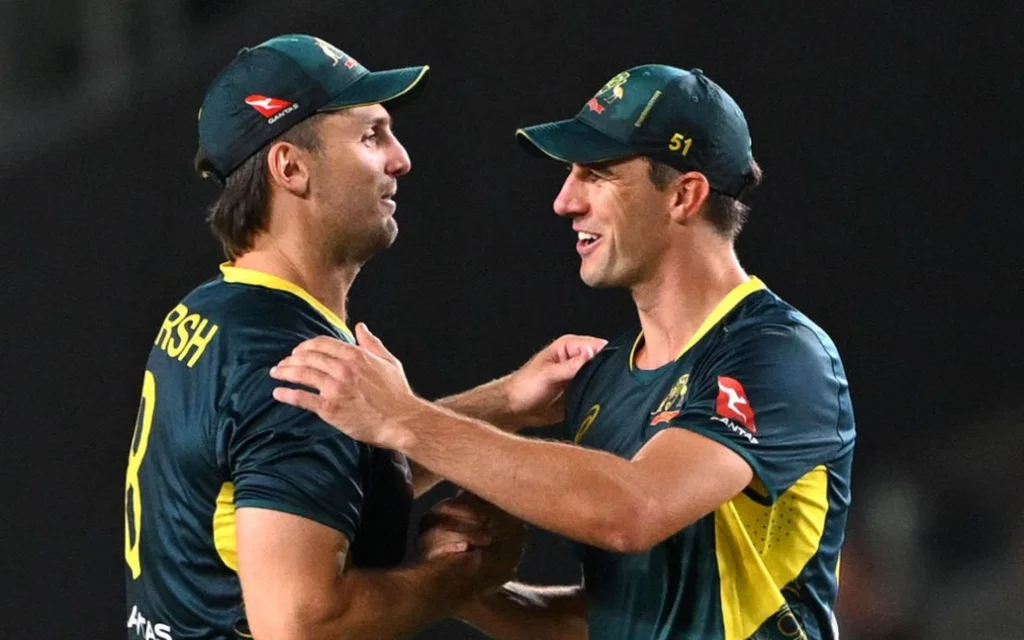 Australia's T20I skipper Mitchell Marsh (L) with Pat Cummins (R) (Source: AFP)&nbsp;
