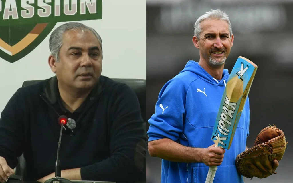PCB Chief Mohsin Naqvi (L) and Ex-Head Coach Jason Gillespie (R) (Source: X)