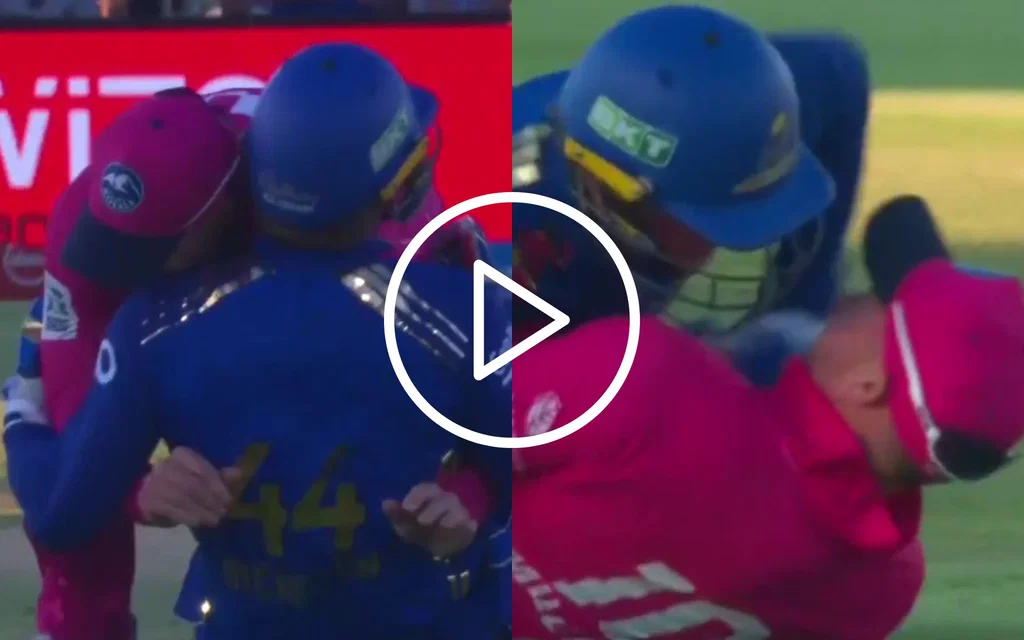 David Miller knocks down Ryan Rickelton [Source: @SA20_League/x.com]